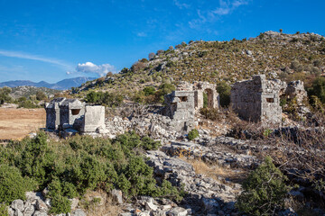 sarcophagus ruins in ancient sidyma city, Sidyma Ruins, Fethiye, Mugla, Turkey.