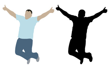 Fototapeta na wymiar Cheerful jumping man with hands up, color and black silhouette. Vector illustration