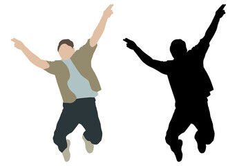 Happy jumping man with hands up, color and black silhouette. Vector illustration