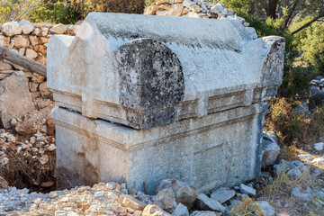 sarcophagus ruins in ancient sidyma city, Sidyma Ruins, Fethiye, Mugla, Turkey.