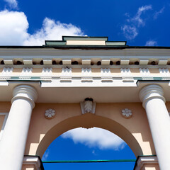 Triumphal Arch build by Kochubey family in 18 century in Dykanka, Ukraine on March 8, 2020. 