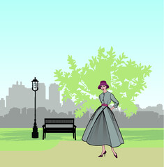 Obraz na płótnie Canvas Retro fashion dressed woman (1950's 1960's style) in city park landscape. Stylish young lady in vintage clothes in spring city garden. Spring fashion silhouette from 60s. Park cityscape skyline. Urban
