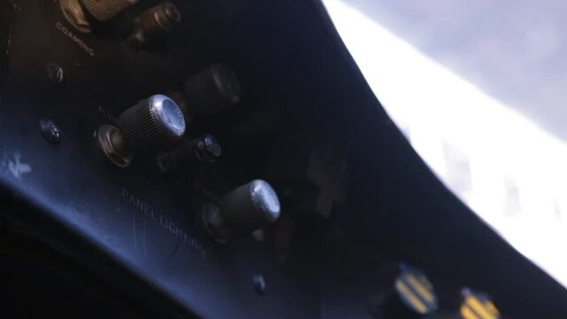 Flight Controls Inside the Cockpit of an Old Bomber. Close-Up. 