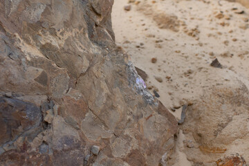 
Texture of brown stone on a light sandy background close-up, background