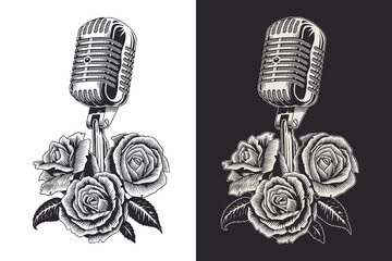 Vintage microphone and roses, isolated. Black and white vector illustration.