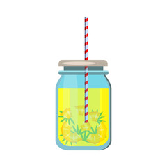 Pineapple water. Glass jar, straw, slices