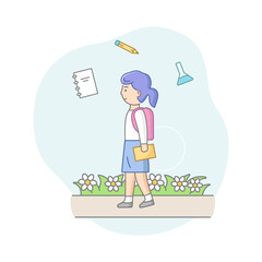 Back To School Concept. Young Girl By The Way To School With Backpack And Infographic. Smiling Student Go To School With Book And School Items. Cartoon Linear Outline Flat Style. Vector Illustration