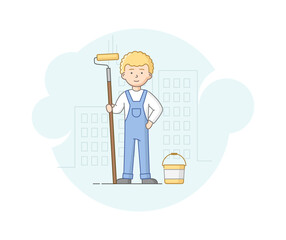Construction, Heavy Labor Works Concept. Worker In Protective Uniform And Helmet Is Standing With Roller In Hands. Construction Worker At Work. Cartoon Linear Outline Flat Style. Vector Illustration