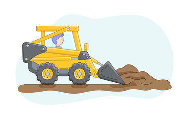 Obraz na płótnie Canvas Construction Concept. Construction Truck With Driver. Bulldozer Rakes Sand Or Ground. Construction Machinery Operator Jobs. Character At Work. Cartoon Linear Outline Flat Style. Vector Illustration