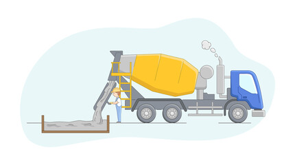 Construction Concept. Concrete Mixer Driver At Work. Worker Controls Concreting Process. Construction Machinery Operator Jobs. Male Character At Work. Cartoon Linear Outline Flat Vector Illustration