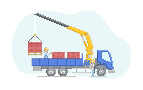 Construction Concept. Crane Driver And Worker Work Together. Manipulator Crane Unloads Bricks on Pallets. Machinery Operator Jobs. Characters At Work. Cartoon Linear Outline Flat Vector Illustration