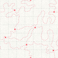 Vector illustration. Topographic seamless pattern. Line art. Repeatable background. Abstract concept. Wavy linear design. Old fashion style. Retro vintage design. Red marks and direction lines © VVadi4ka