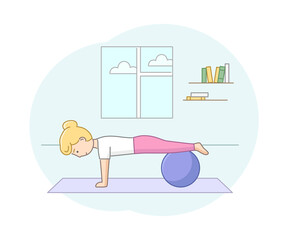 Fitness Concept, Health Care And Active Sport. Female Character Exercising In Gym Or At Home With Fitness Rubber Ball. Young Woman Do Morning Exercises. Linear Outline Flat Style. Vector Illustration