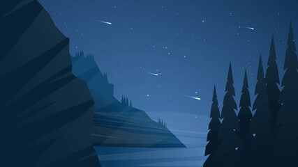 Vector illustration. Background with copy space. Minimalist landscape. Dark  night scene. Beautiful clear sky with fallen stars. Polygonal style. Rock and trees. Natural concept wallpapers. Backdrop