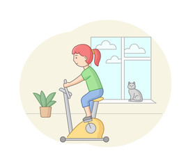 Fitness Concept, Health, Body Care And Active Sport. Female Character Is Exercising In Gym Or At Home On Exercise Equipment. Young Woman Is Pedaling. Linear Outline Flat Style. Vector Illustration