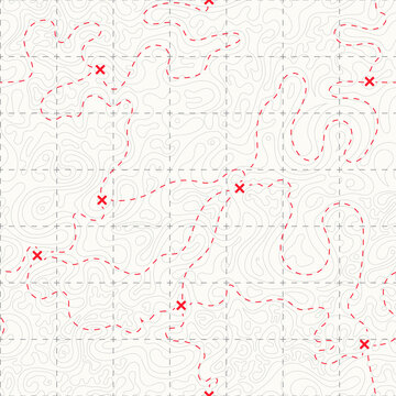 Vector illustration. Topographic seamless pattern. Line art. Repeatable background. Abstract concept. Wavy linear design. Old fashion style. Retro vintage design. Red marks and direction lines