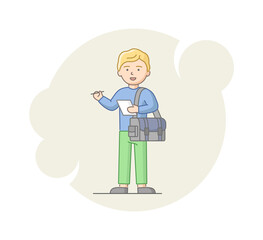Concept Of Reportage And Interview. Young Man Reporter Collecting An Information. Male Character Standing With Note And Bag And Ready To Interviewing. Linear Outline Flat Style. Vector Illustration