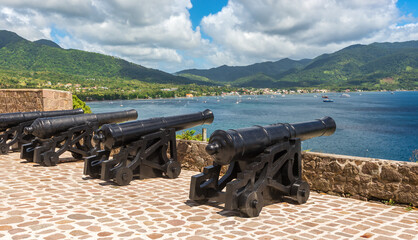 A row of cannons at Fort Shirley in Cabrits National Park near Portsmouth on the Caribbean island nation of Dominica