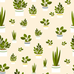 Seamless pattern. Flat home plants with green leaf. Vector cartoon flower in pot. Set home sweet home