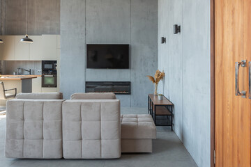 Modern minimalistic dark gray loft style studio apartment interior design. kitchen, sitting area, workplace, shower and bath. bright sun rays inside.