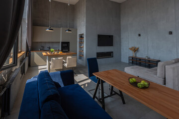 Modern minimalistic dark gray loft style studio apartment interior design. kitchen, sitting area, workplace, shower and bath. bright sun rays inside.