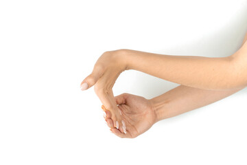 Stretching arms. Healthy workout exercise. Woman hand massage for carpal tunnel syndrome...