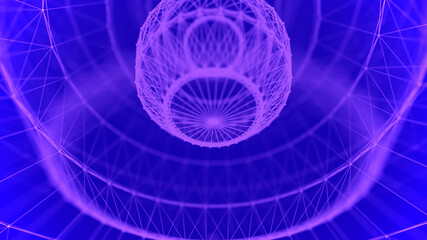 Purple sphere on a blue background. Futuristic science. Connection structure lines and dots. 3d rendering.