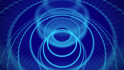 Composition with circles on a blue background. Futuristic science. Connection structure lines and dots. 3d rendering.