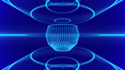 Composition with circles on a blue background. Futuristic science. Connection structure lines and dots. 3d rendering.