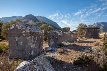 sarcophagus ruins in ancient sidyma city, Sidyma Ruins, Fethiye, Mugla, Turkey.