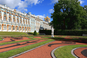 Russia, St. Petersburg, July 10, 2020, Catherine Park. In the photo, the Catherine Palace in the...