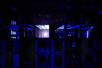 horror building at night with blue  lighting noise photography 