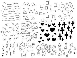 Vector set of simple doodles of minimalistic signs: triangles, squares, waves, birds, hearts, crosses, ovals, drops, flame, circles, lightnings, clouds.