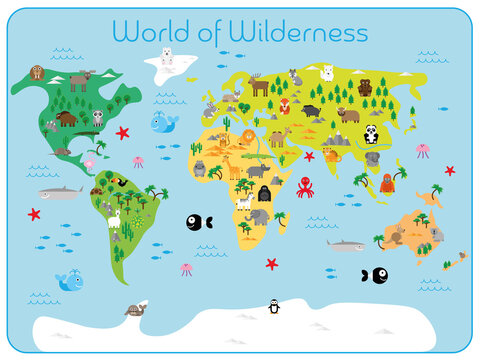 World of Wilderness - map of continents with typical wild fauna. Funny cartoon animals. Children carpet or wall poster. Vector illustration