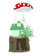 Vector fairytale house on a stump in the forest under the mushroom Amanita greeting card children story illustration