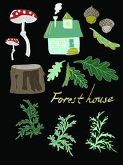 Vector set of fairytale house and stump in the forest and mushrooms 
with oak leaves and acorns Amanita greeting card children story illustration 