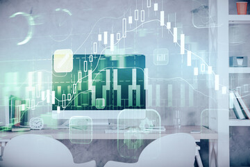 Multi exposure of stock market chart drawing and office interior background. Concept of financial analysis.