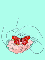 Vector red-orange colored butterfly in hands as a sign of love for nature environmental protection ecology and butterfly effect close-up