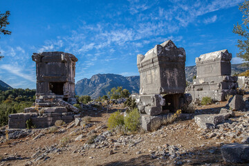 sarcophagus ruins in ancient sidyma city, Sidyma Ruins, Fethiye, Mugla, Turkey.