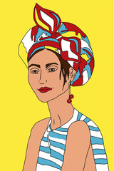 Vector Portrait of a fictional girl in watercolor in a striped sailor tank top with red earrings and a voluminous scarf on her head in fashion style