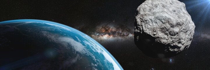 asteroid flying towards planet Earth, meteorite in orbit before impact, background banner © dottedyeti