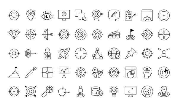 icon set of goal and eye bulls, line style