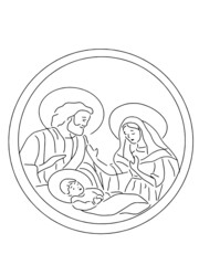 Vector Christian Christmas in a round frame. Mary and Joseph. With Jesus tenderly cling to each other. Love lines.