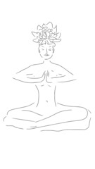 Vector woman girl in turkish or yoga pose with flower on her head with closed eyes smiling in relaxation and calm
