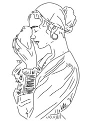 Vector linear curly girl in a bandage and a blouse with magnificent cuffs holds a dove of peace in her hands and presses it to her forehead with her eyes closed as a sign of love for nature and eco