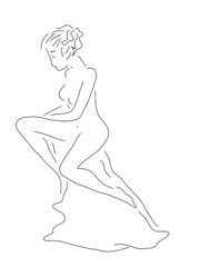 Vector girl or woman sitting on a stone hair pulled upstairs in a hairstyle with lines, graphic silhouette as a sign of freedom of tenderness and beauty