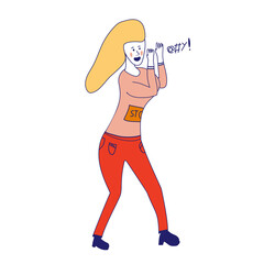 Character of female office worker, businesswoman, suite man, holding fists, celebrating, shouting, happy, excited, winning in success. Outline hand draw, sketch design, simple style.