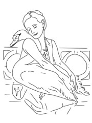 Vector woman girl holding a swan in her arms while sitting on a park bench while a bird hugs her with her neck as a sign of love and devotion