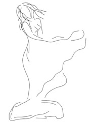 Vector girl or woman in a dress with wavy hair fluttering in the wind dancing with graphic lines as a sign of freedom and beauty