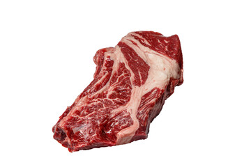 Raw Chuck Rol steak of marbled beef lies on a white background, isolated.